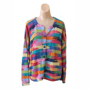 Janes Closet Medium Cardigan Sweater Top Geometric Rainbow Boho Wearable Art
